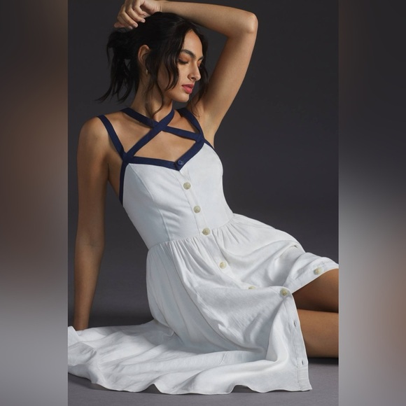 Anthropologie Maeve Strappy Button-Front Midi Dress 10 linen nautical white - Picture 5 of 16